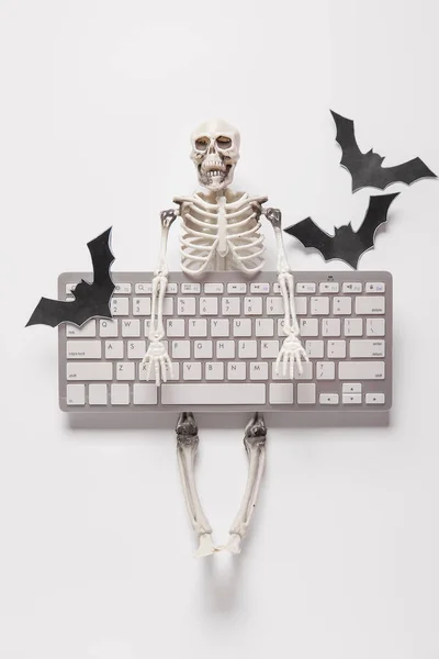 Samenstelling Met Moderne Computer Toetsenbord Skelet Papier Vleermuizen Voor Halloween — Stockfoto