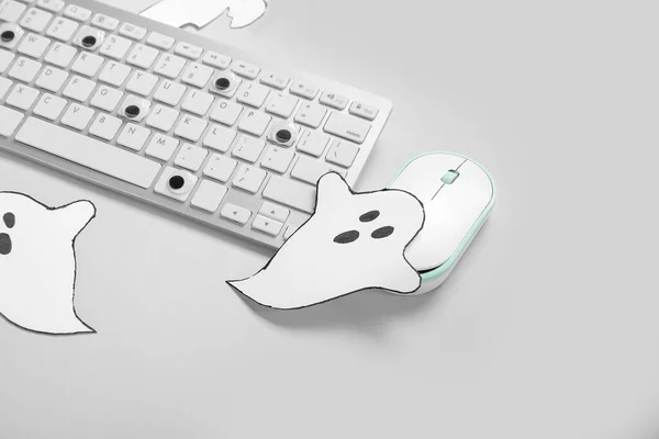 Modern Computer Keyboard Mouse Paper Ghosts Halloween Grey Background Closeup — Stock Photo, Image