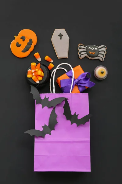 Összetétel Bevásárló Táska Ajándékdoboz Ízletes Cukorka Kukorica Cookie Halloween Sötét — Stock Fotó
