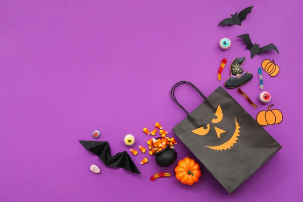 Composição Com Saco Compras Morcegos Doces Saborosos Para Halloween Fundo — Fotografia de Stock