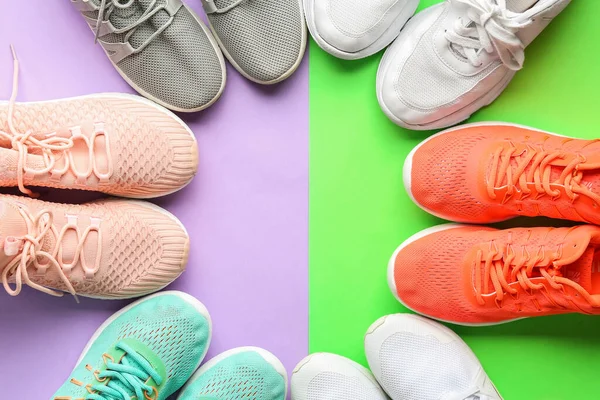 Frame Made Different Sneakers Color Background Closeup — Stock Photo, Image