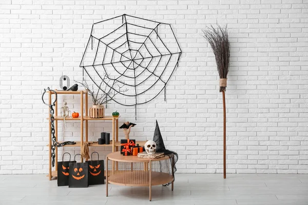 Interior Modern Living Room Decorated Halloween Shelving Unit Table — Stock Photo, Image