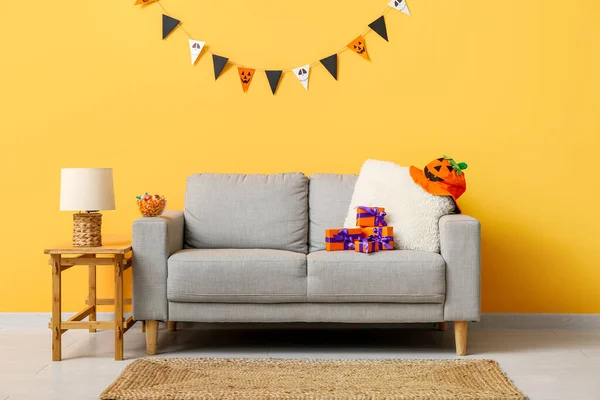 Interior Modern Living Room Decorated Halloween Sofa Lamp Table — Stock Photo, Image