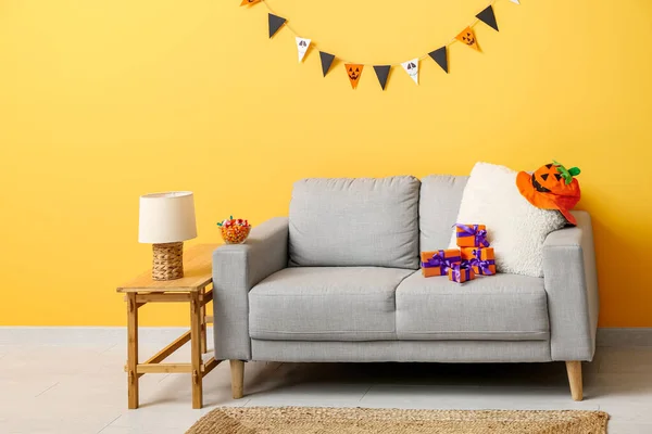 Interior Modern Living Room Decorated Halloween Sofa Lamp Table — Stock Photo, Image