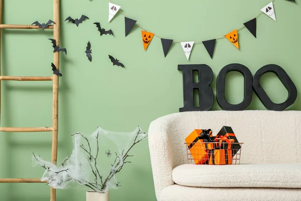Sofa Gift Boxes Halloween Tree Branches Ladder Text Boo Flags — Stock Photo, Image