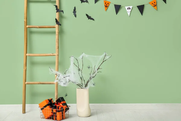 Vase Tree Branches Gift Boxes Halloween Ladder Flags Hanging Green — Stock Photo, Image