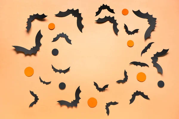 Frame Gemaakt Van Papieren Vleermuizen Voor Halloween Feest Oranje Achtergrond — Stockfoto