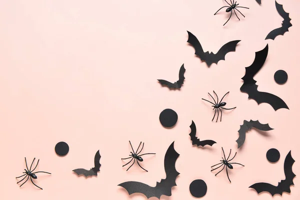 Паперові Кажани Павуки Вечірки Хелловін Рожевому Фоні — стокове фото