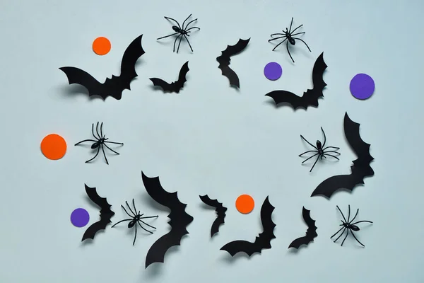 Cadre Composé Chauves Souris Araignées Papier Pour Fête Halloween Sur — Photo