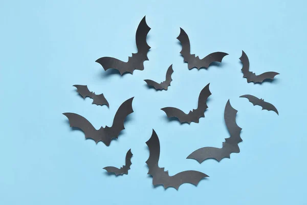 Papieren Vleermuizen Voor Halloween Feest Blauwe Achtergrond — Stockfoto