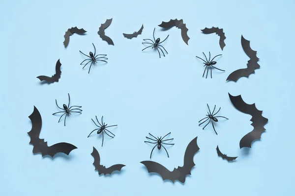 Frame Gemaakt Van Papieren Vleermuizen Spinnen Voor Halloween Feest Blauwe — Stockfoto