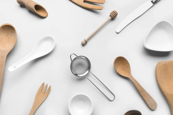 Composition Different Kitchen Utensils Light Background — Stock Photo, Image