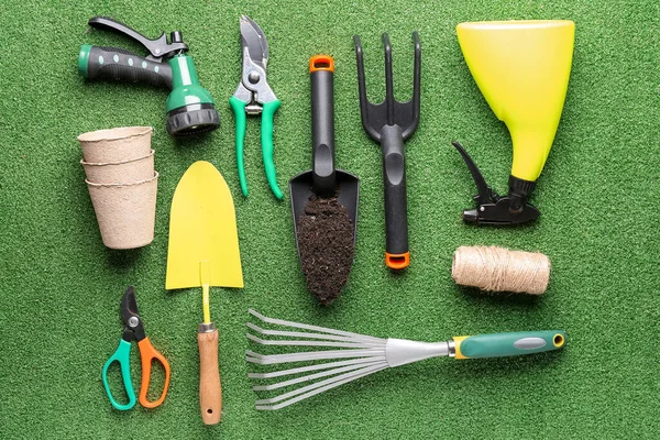 Composition Different Gardening Tools Color Background — Stock Photo, Image