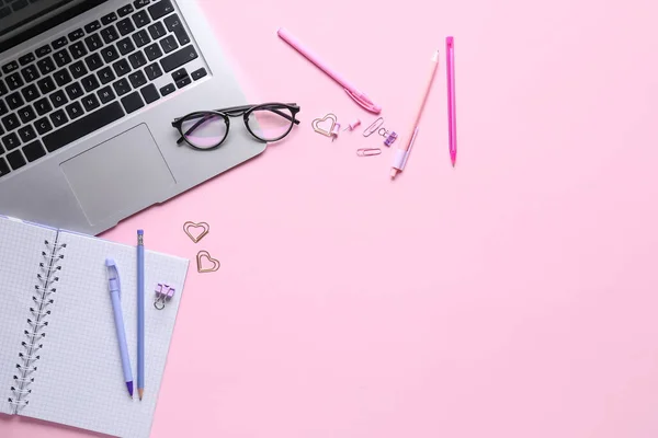 Modern Laptop Stationery Eyeglasses Pink Background — Stock Photo, Image