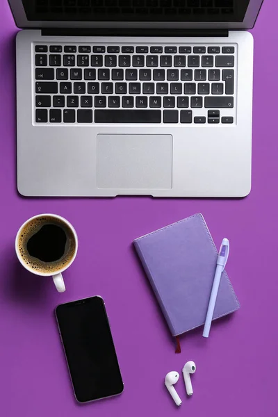 Composition Modern Gadgets Notebook Cup Coffee Purple Background — Stock Photo, Image