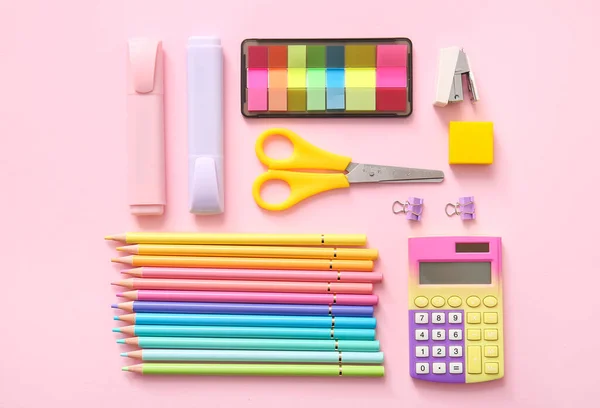 Different School Stationery Pink Background — Photo