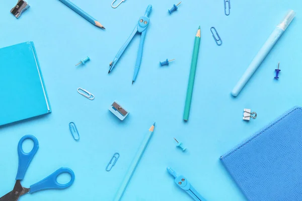 Composition Different Stationery Blue Background — Stock Photo, Image