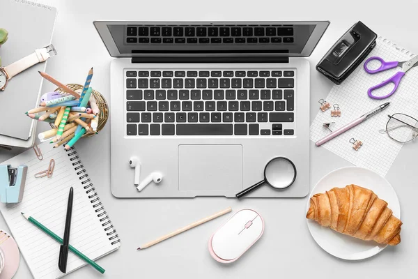 Composition Modern Laptop Stationery Croissant White Background — Stock Photo, Image
