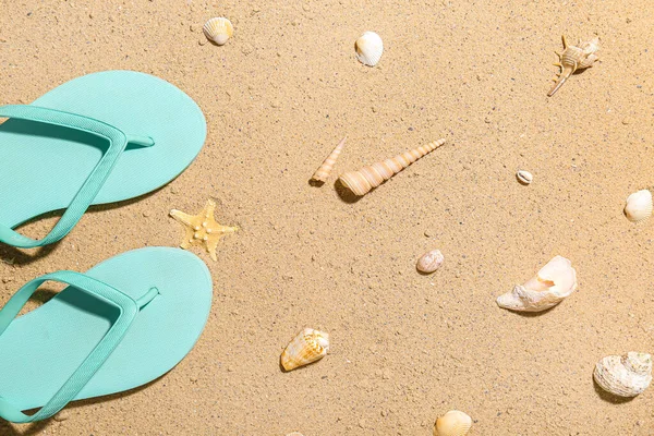 stock image Stylish flip-flops and different seashells on beach sand