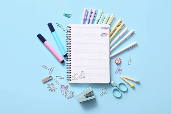 Composition Blank Notebook Different School Stationery Blue Background — Stock Photo, Image
