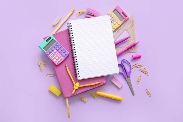 Composition Blank Notebook Different School Stationery Purple Background — Stock Photo, Image