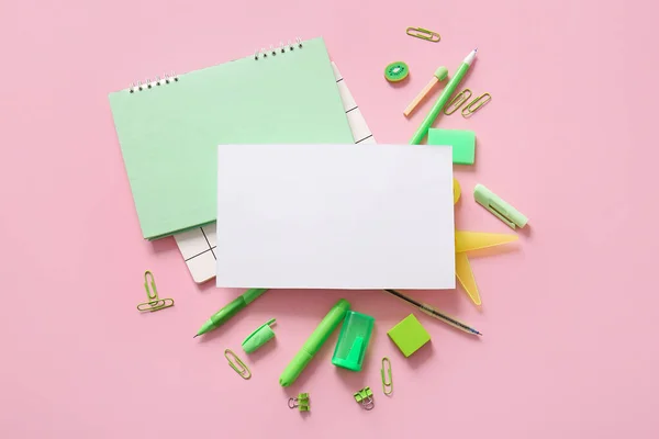 Composition Blank Paper Sheet Different School Stationery Pink Background — Stock Photo, Image