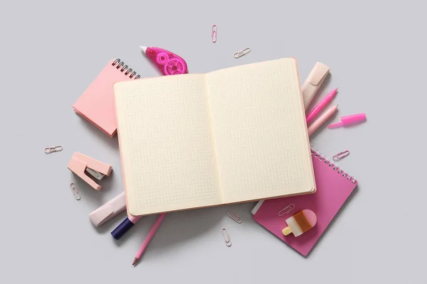 Composition Blank Notebook Different School Stationery Light Background — Stock Photo, Image
