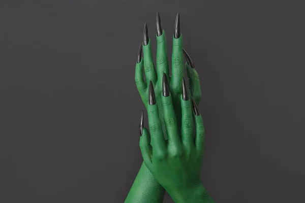 Groene Handen Van Heks Donkere Achtergrond Halloween Viering — Stockfoto