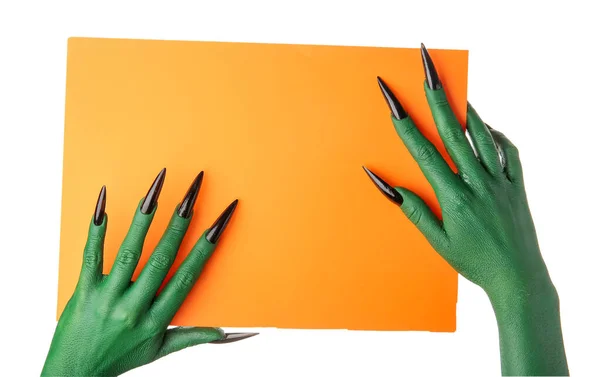 Groene Handen Van Heks Met Blanco Oranje Vel Papier Witte — Stockfoto