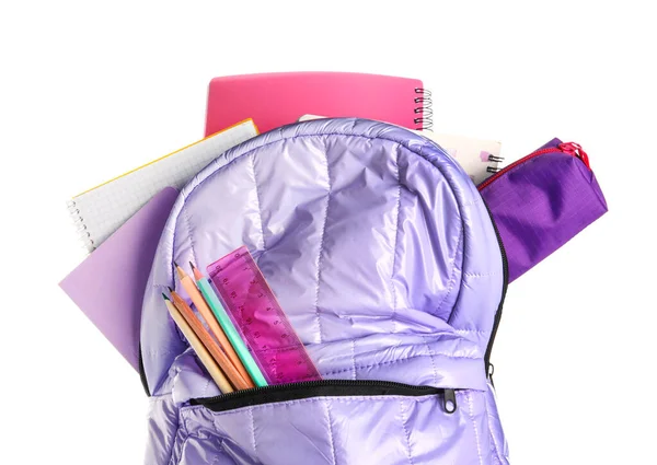Mochila Escolar Lilac Com Cadernos Lápis Régua Sobre Fundo Branco — Fotografia de Stock