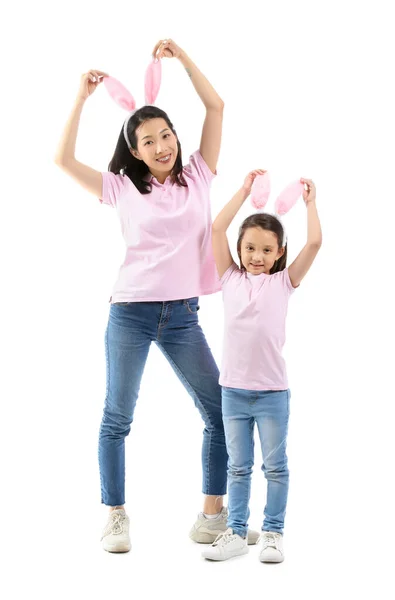 Asian Mother Her Little Daughter Bunny Ears White Background — Stock Photo, Image