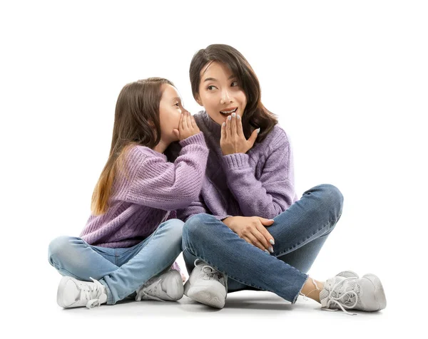 Asian Little Girl Telling Her Mother Secret White Background — Stock Photo, Image