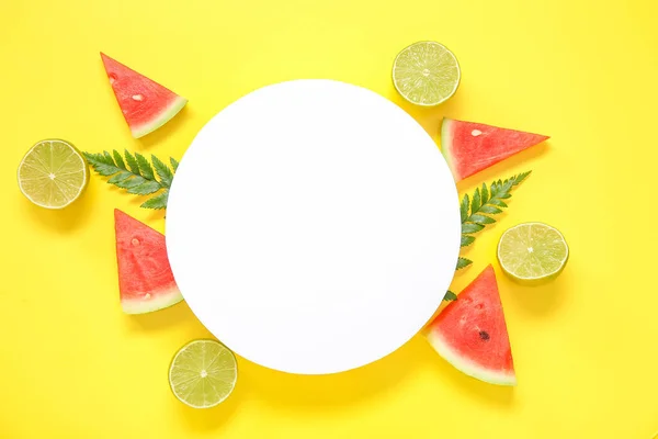 Blank Card Pieces Fresh Watermelon Lime Yellow Background — Stock Photo, Image