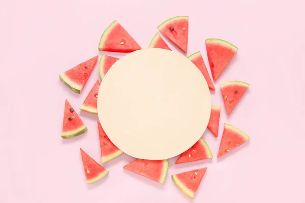 Blank Card Pieces Fresh Watermelon Pink Background — Stock Photo, Image