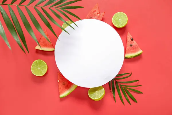 Blank Card Pieces Fresh Watermelon Lime Red Background — Stock Photo, Image