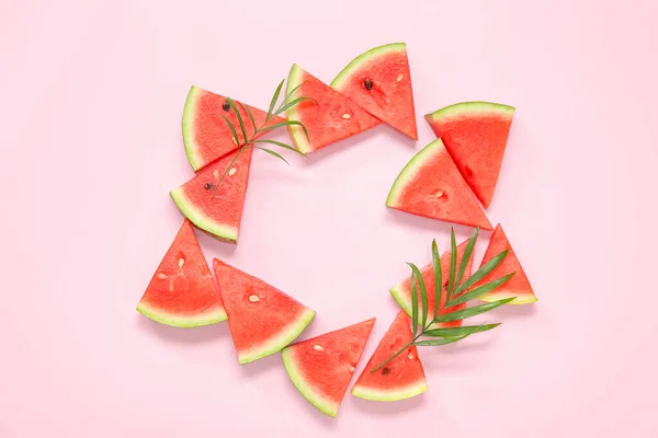 Frame Made Fresh Watermelon Palm Leaves Pink Background — Stock Photo, Image