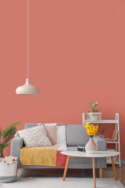 Yastıklı gri kanepe ve çiçekli narsis çiçekleri şık oturma odasının içindeki sehpanın üstünde.