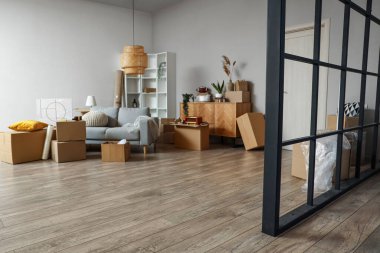 Taşındığı gün oturma odasında karton kutular ve kanepe vardı.