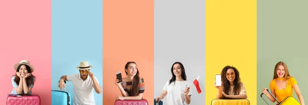 Set Jongeren Met Ingepakte Koffers Kleurenachtergrond — Stockfoto