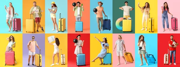 Group of young people with packed suitcases on color background