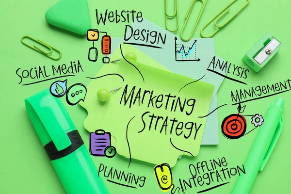 İş stratejisinin yazılı bileşenlerine ve yeşil arkaplandaki kırtasiyeye sahip yapışkan notlar