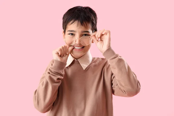Little Boy Biting Nails Pink Background — Φωτογραφία Αρχείου