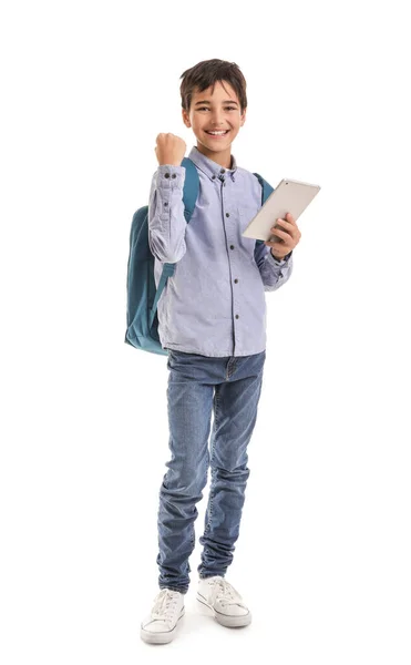 Щасливий Маленький Школяр Планшетним Комп Ютером Білому Тлі — стокове фото