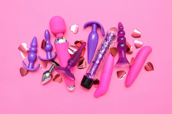Różne Zabawki Seksualne Różowym Tle — Zdjęcie stockowe
