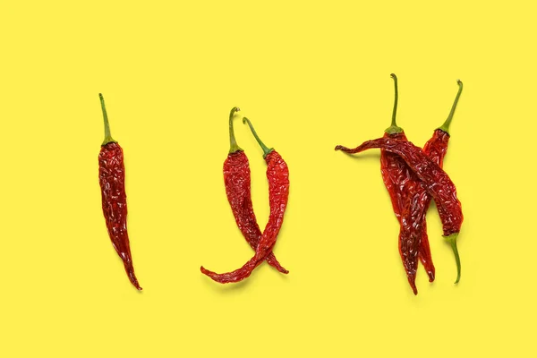 Dry Hot Chili Peppers Yellow Background — Stock Photo, Image