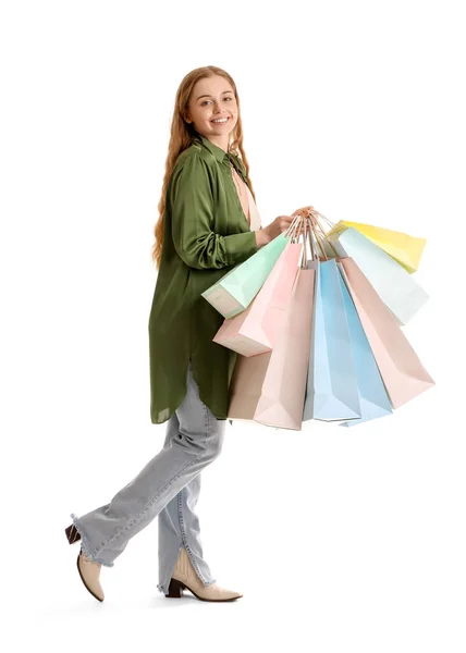 白い背景に買い物袋を持った若い女性 — ストック写真
