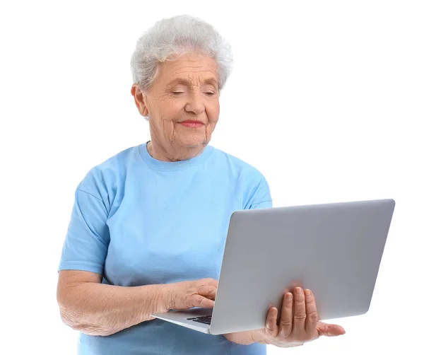 Senior Woman Using Laptop White Background — Stock Photo, Image