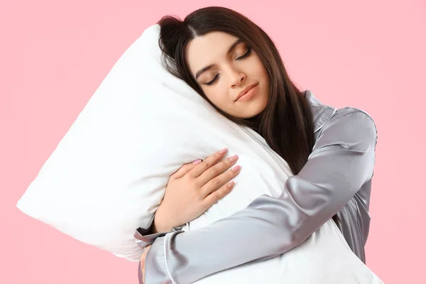 Young Woman Pajamas Pillow Pink Background — Stock Photo, Image