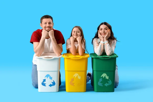 Family Recycle Bins Blue Background — Stock Photo, Image