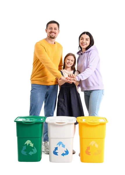 Family Recycle Bins Putting Hands Together White Background — Stock Photo, Image
